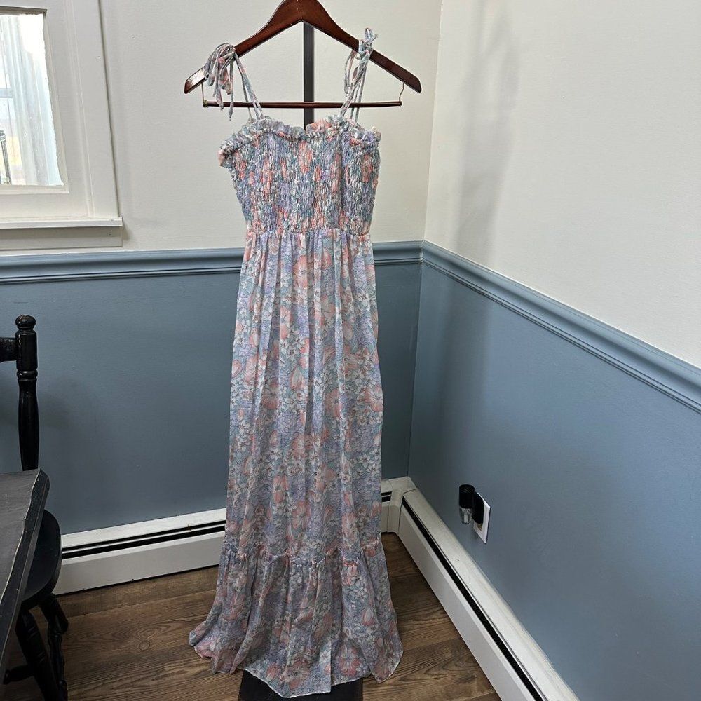 Vintage Candi Jones California Floral Length Maxi Dress Smocked Buts Ties at Sho